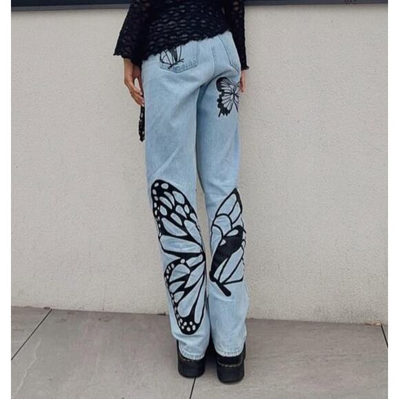 Simple Society Butterfly Wide Leg y2k Baggy Jeans Sz 27 - Picture 2 of 6